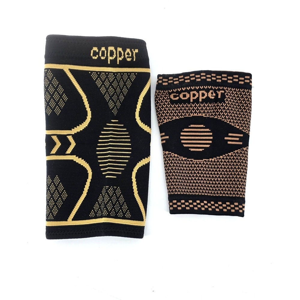 Copper Compression Knee Sleeves Set Black Gold Athletic Joint Support Braces 2pc